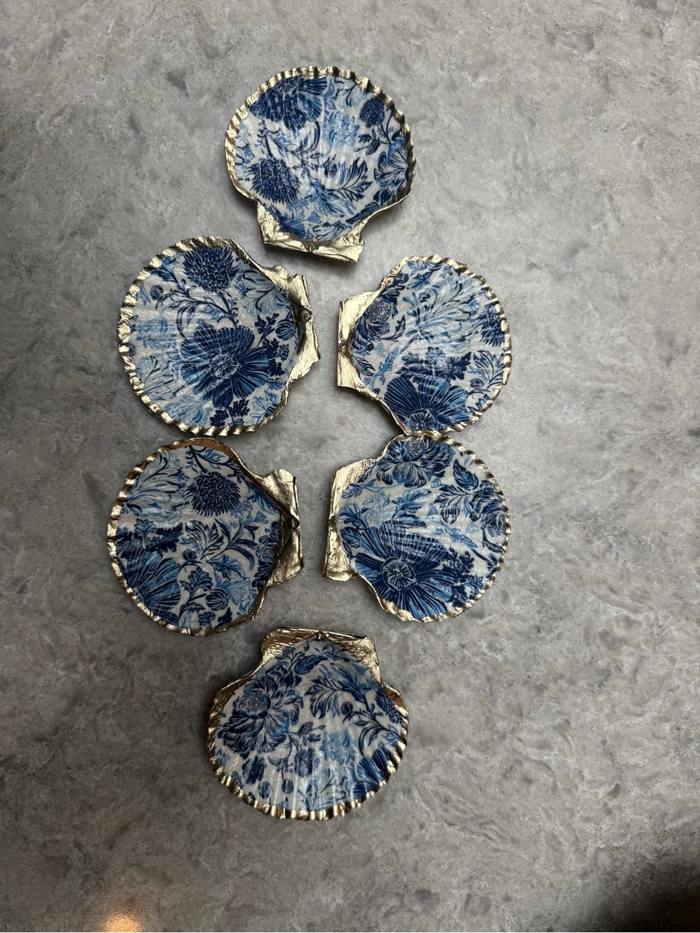 Blue Floral Shell Coasters with Gold Trim - Set of 4